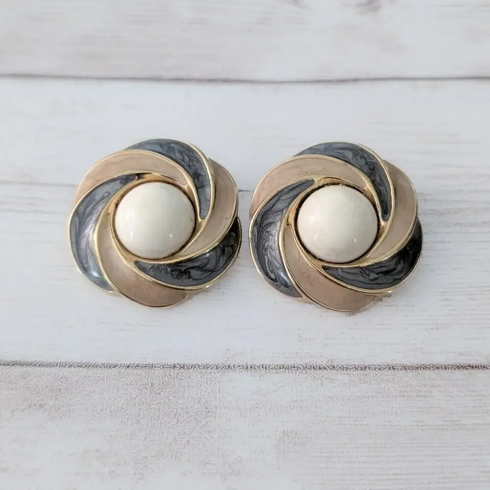 Vintage Trifari Clip On Earrings Large Statement Grey & Beige